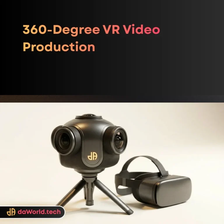 360 VR Video Production Services displaying spherical camera array in neon lab by daWorld