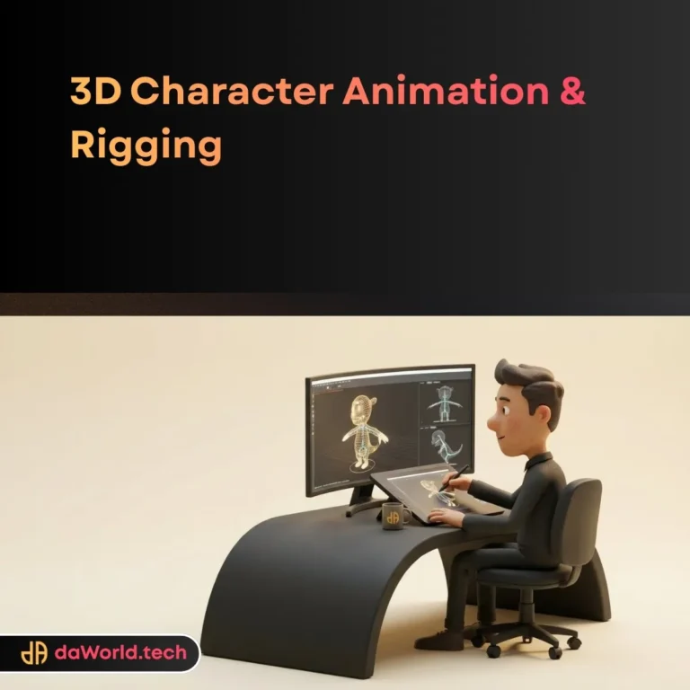 3D Character Animation Services rigging skeleton in neon noir style by daWorld