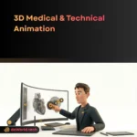 3D medical animation interface showing DNA helix and cellular structures in neon noir style by daWorld 3D Medical Animation Services Medical Animation, MoA, Biotech, 3D Visualization, Surgical Simulation, CGI, Pharma Marketing, Healthcare