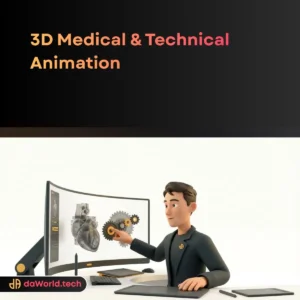 3D medical animation interface showing DNA helix and cellular structures in neon noir style by daWorld 3D Medical Animation Services Medical Animation, MoA, Biotech, 3D Visualization, Surgical Simulation, CGI, Pharma Marketing, Healthcare