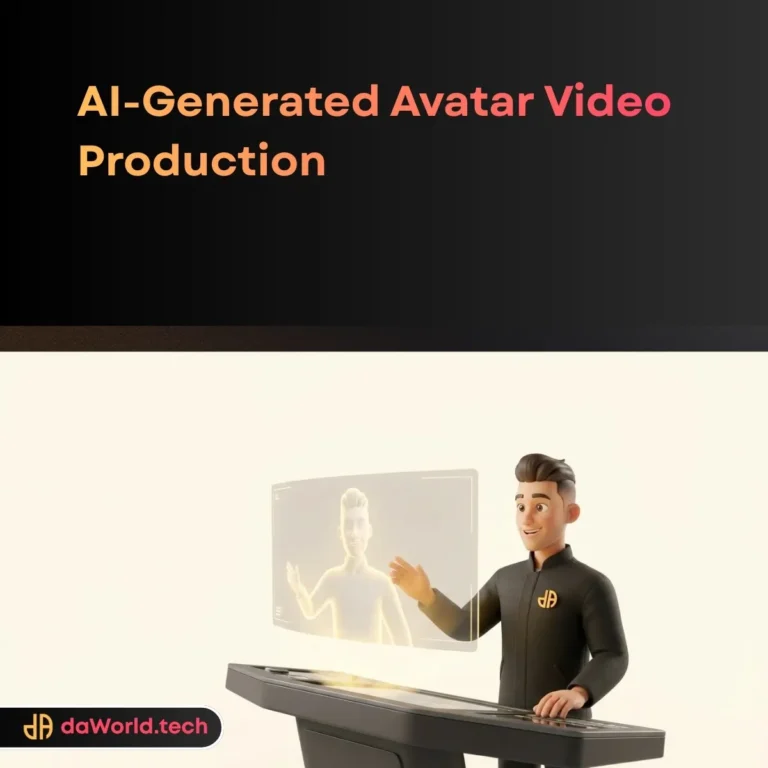 AI Avatar Video Production interface showing neural lip-sync analysis in neon noir style by daWorld