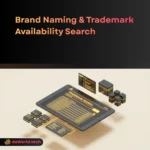 Strategic Brand Naming interface with linguistic matrix and trademark shield in neon noir style by daWorld