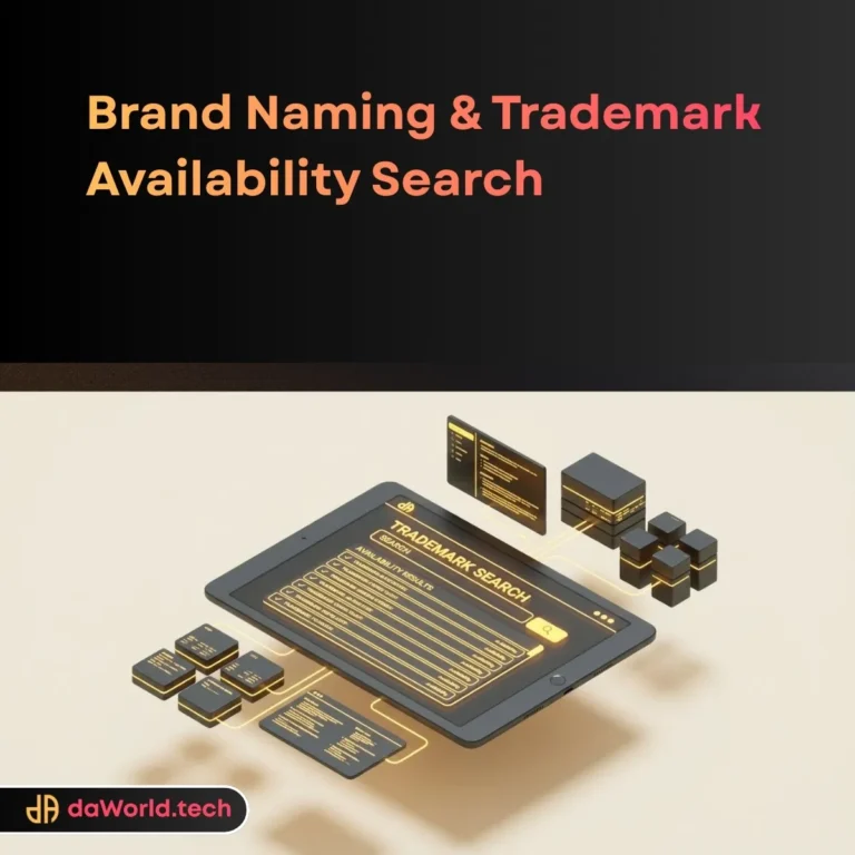 Strategic Brand Naming interface with linguistic matrix and trademark shield in neon noir style by daWorld