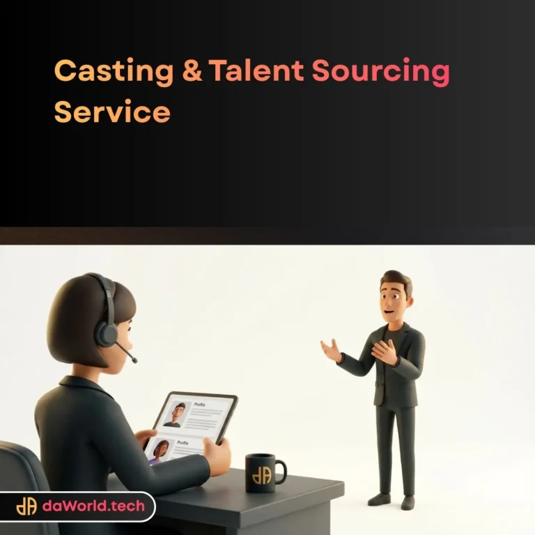 Commercial talent casting services interface displaying digital headshots and audition metrics in neon noir style by daWorld