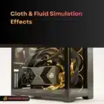 3D cloth and fluid simulation interface showing liquid chrome splashing against digital silk in neon noir style by daWorld