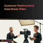 Cinematic interview frame of a happy client with soft lighting and data overlays in neon noir style by daWorld