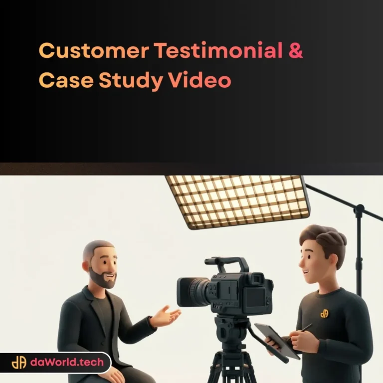 Cinematic interview frame of a happy client with soft lighting and data overlays in neon noir style by daWorld