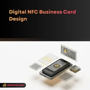 NFC Business Card Design floating over a smartphone displaying a digital profile UI