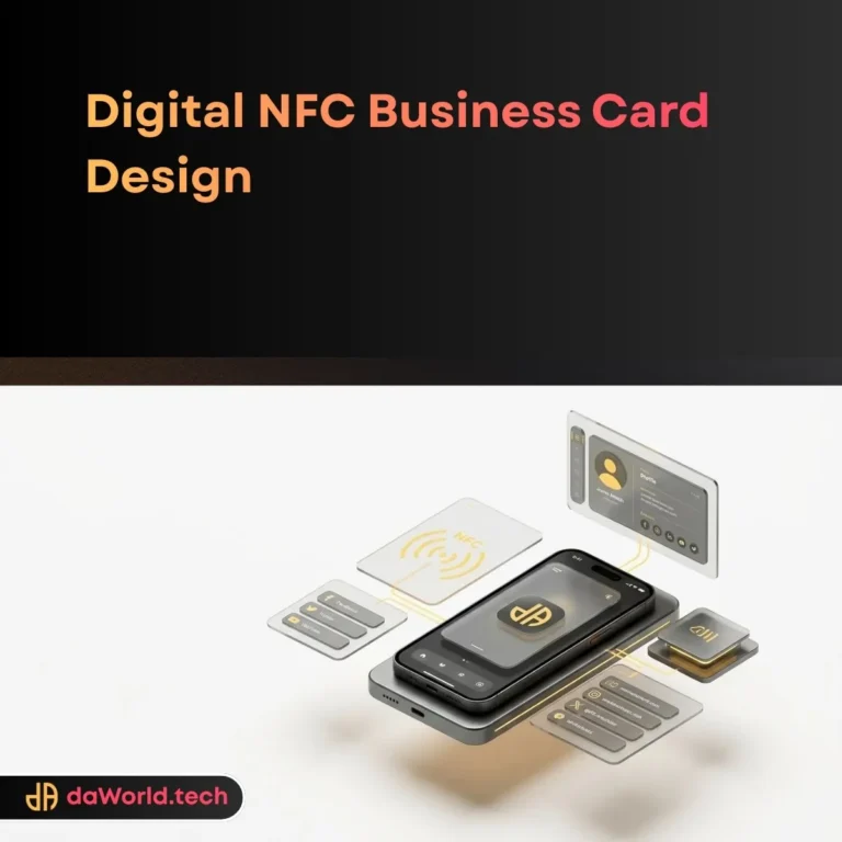NFC Business Card Design floating over a smartphone displaying a digital profile UI