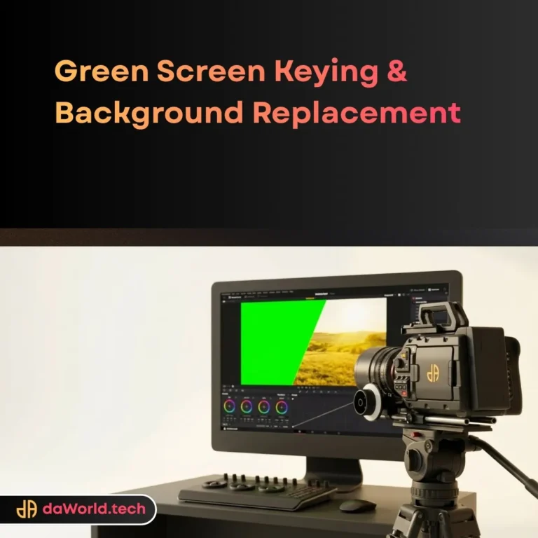 VFX Screen Replacement Services interface showing Mocha Pro planar tracking grid on smartphone in neon noir style by daWorld