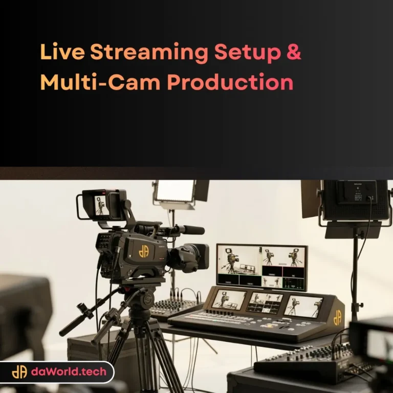 Multi-cam live streaming services control room with ATEM switchers and monitors in cyberpunk lighting