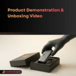 Macro shot of a tech product unboxing with dramatic lighting and hand model in neon noir style by daWorld Product Demonstration Video Services