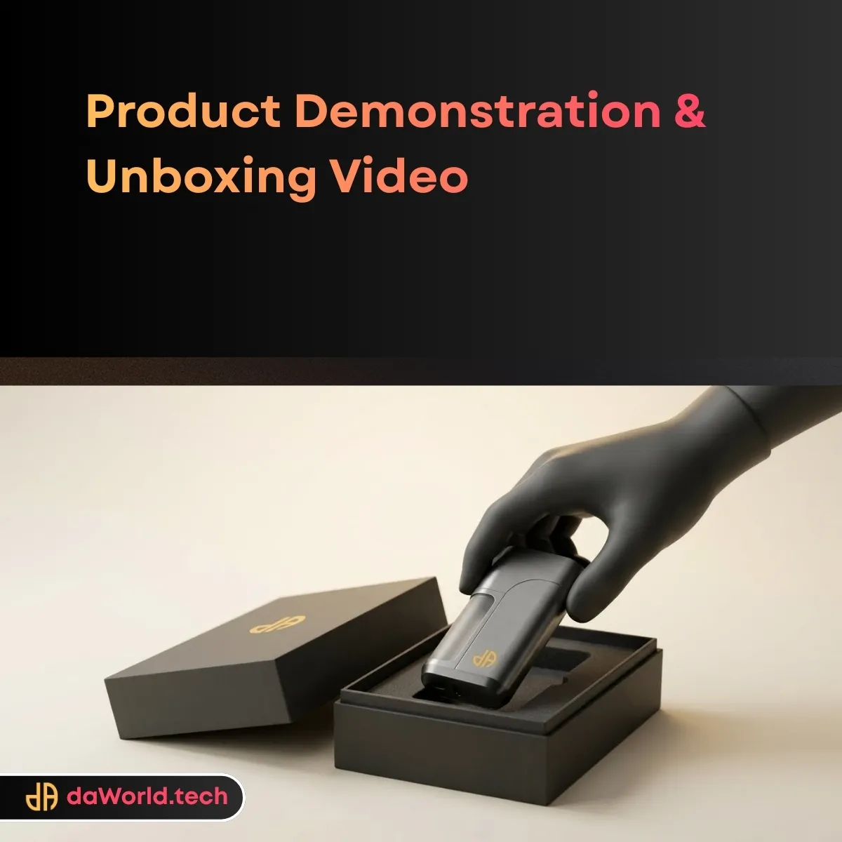 product-demonstration-video-services-main-daworld.webp Macro shot of a tech product unboxing with dramatic lighting and hand model in neon noir style by daWorld Product Demonstration Video Services