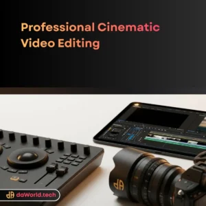 Cinematic Video Editing Services interface showing DaVinci Resolve timeline in neon noir style by daWorld