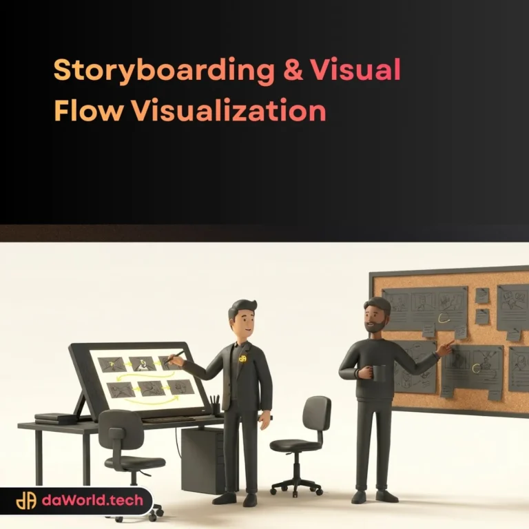 Professional storyboarding services interface showing narrative flow and camera angles in neon noir style by daWorld
