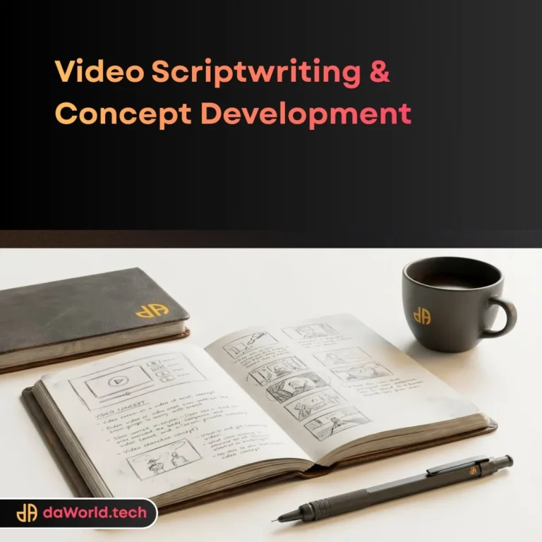 Video Scriptwriting Services interface with screenplay formatting in neon noir style by daWorld