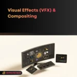 Visual Effects Compositing Services interface showing Nuke node graph in neon noir style by daWorld