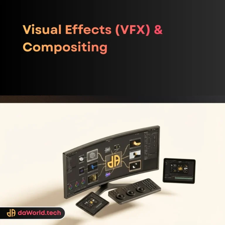Visual Effects Compositing Services interface showing Nuke node graph in neon noir style by daWorld