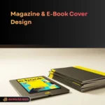 Magazine and e-book cover design interface showing holographic typography and layer composition in neon noir style by daWorld