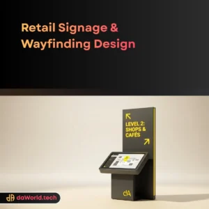 Futuristic retail wayfinding & signage design interface in neon noir style by daWorld