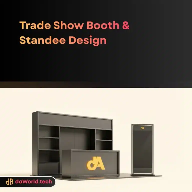 Futuristic trade show booth design with neon accents and high-contrast branding by daWorld
