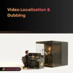 Video Localization Services interface showing multi-language audio tracks and global map in neon noir style by daWorld