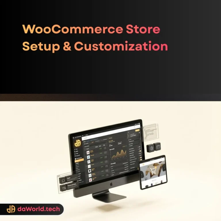 WooCommerce Customization Services interface in neon noir style by daWorld